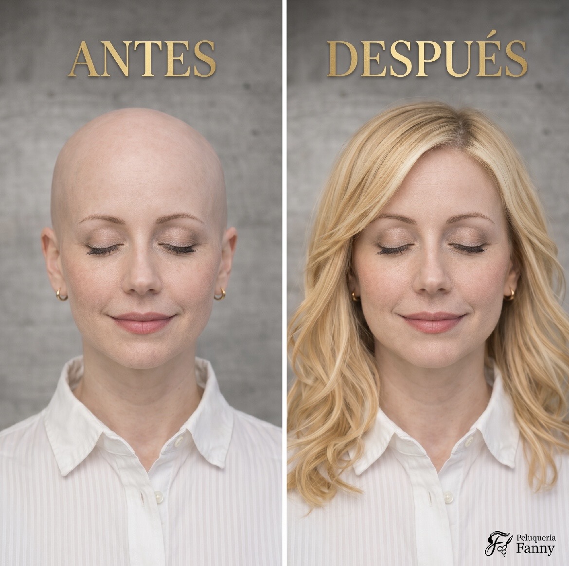 Antes y después: clienta de Peluquería Fanny con peluca natural
